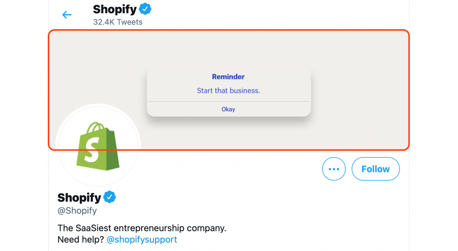 Shopify cover image of a reminder alert to start your business