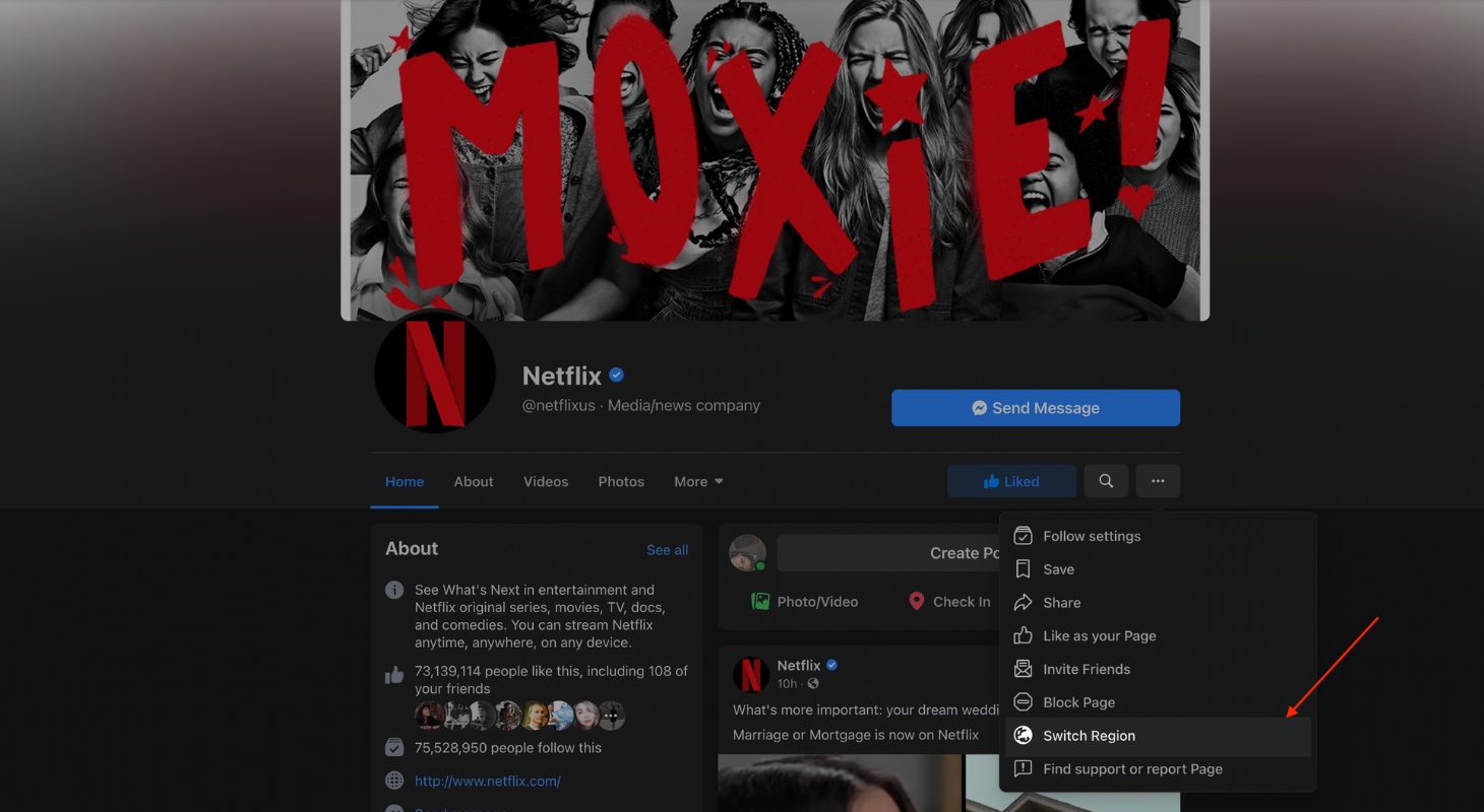 How to change the region for Netflix Facebook page