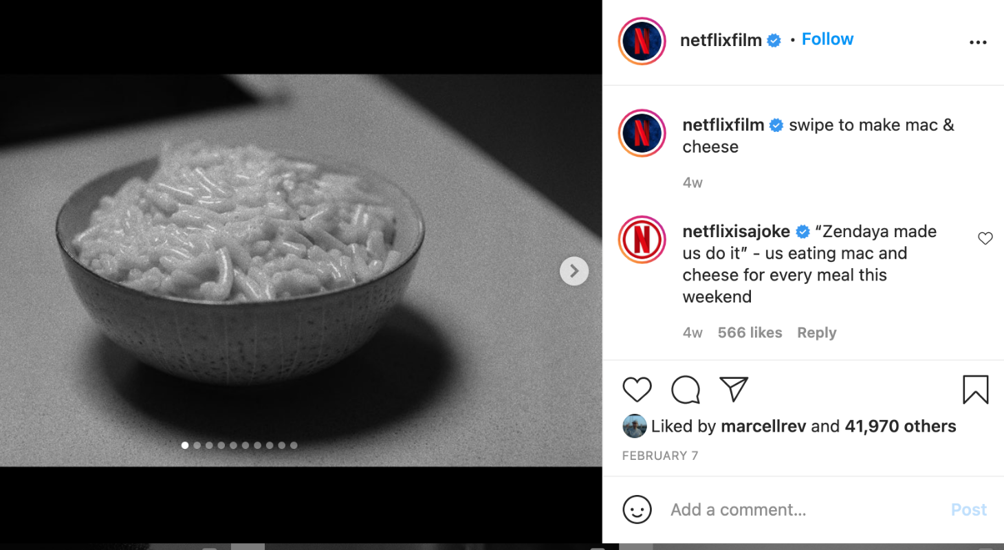 Netflix posts on Instagram about Malcolm & Marie mac and cheese 