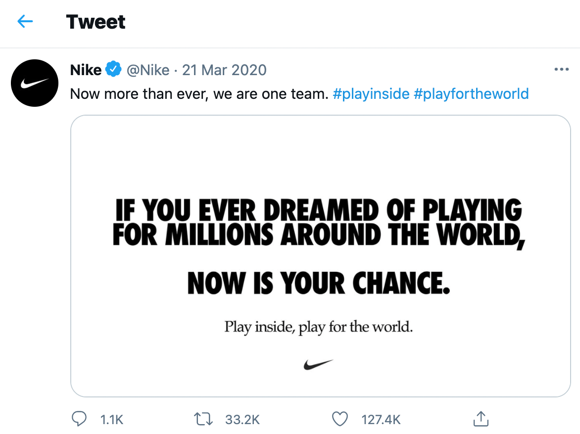 Nike's tweet from the campaign "Play inside.Play for the world".