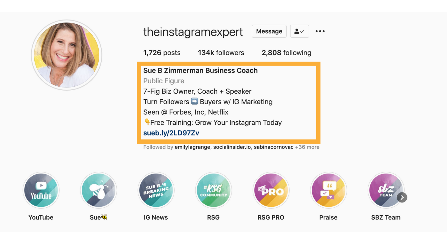 Here is Sue B. Zimmerman's Instagram bio - Instagram Marketing Strategy