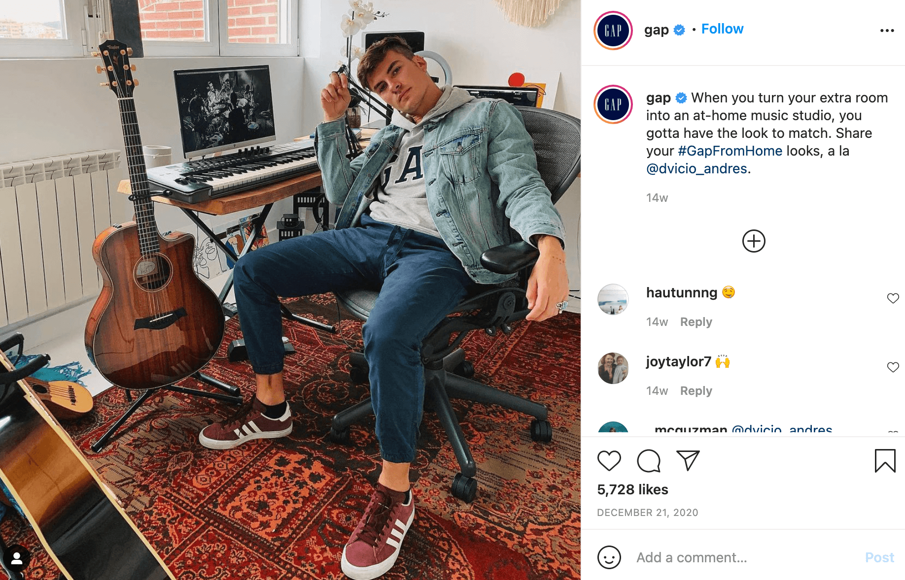 A post example of the campaign conducted on Instagram - #gapfromhome