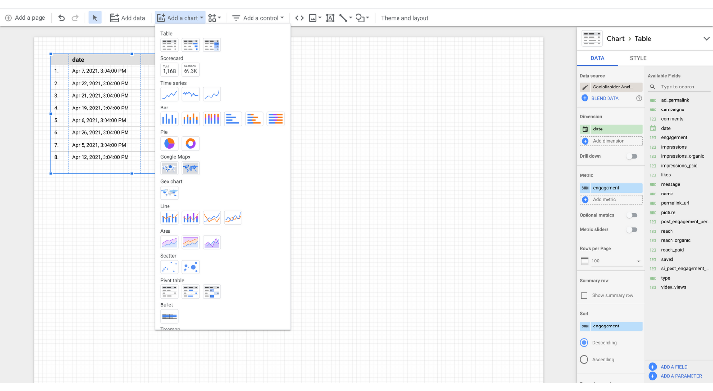 looker studio add a new chart