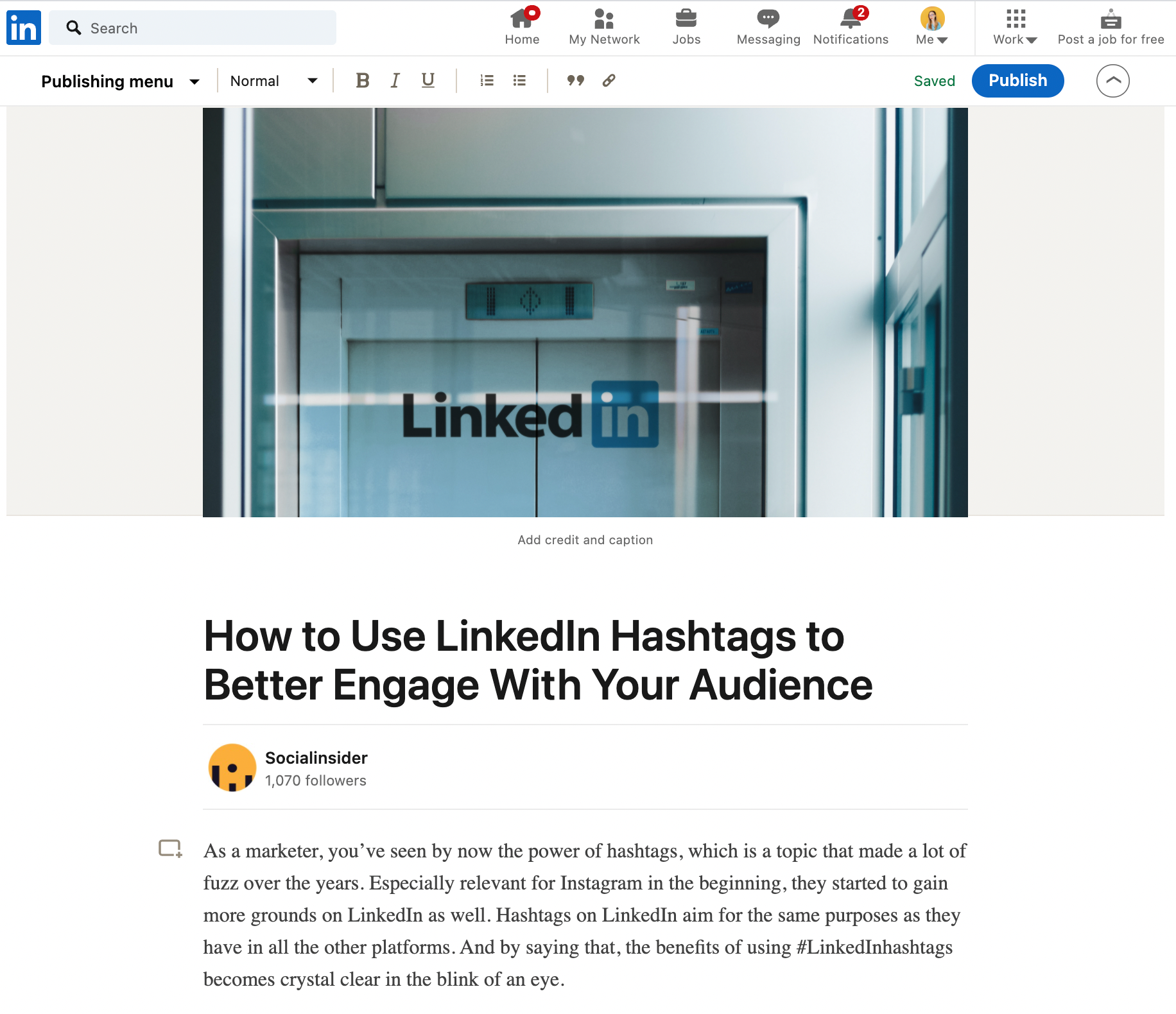 This is how starting to write an article on LinkedIn looks like.