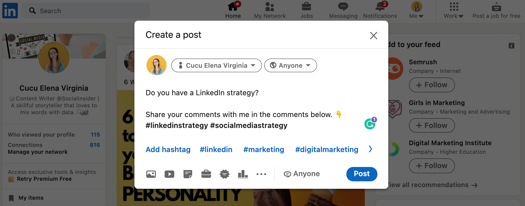 This is how you can share a post that has hashtags on LinkedIn