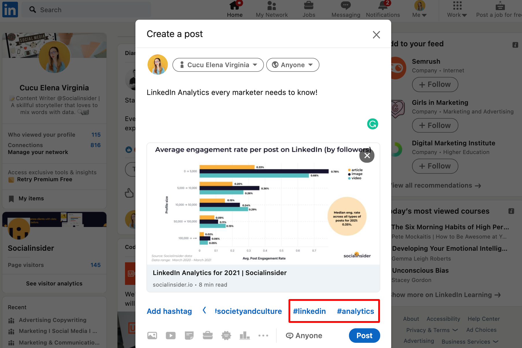 This pictures shows how Linkedin suggests hahstags