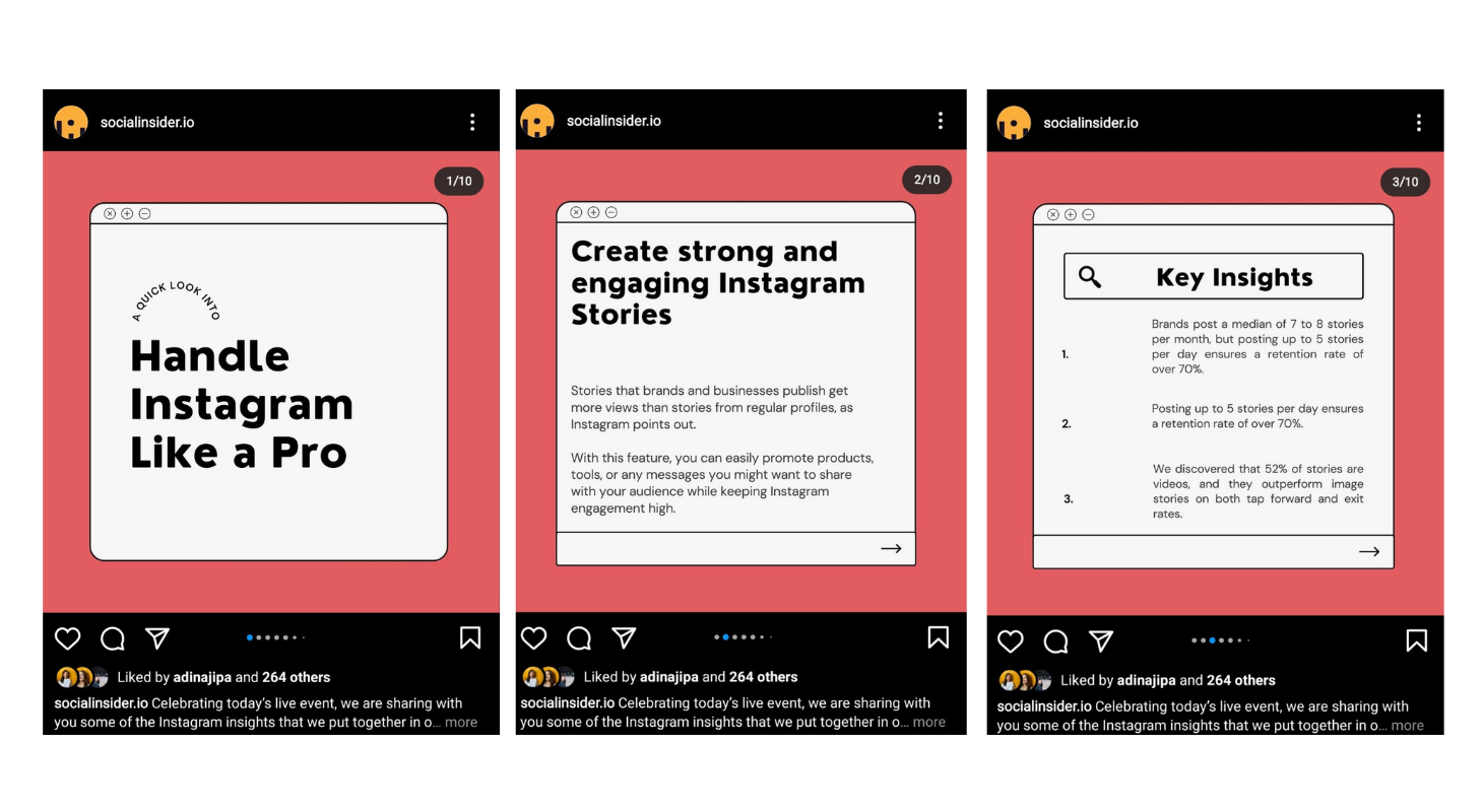 This is a post from Socialinsider's Instagram shwowing how content can be repurposed in an Instagram carousel