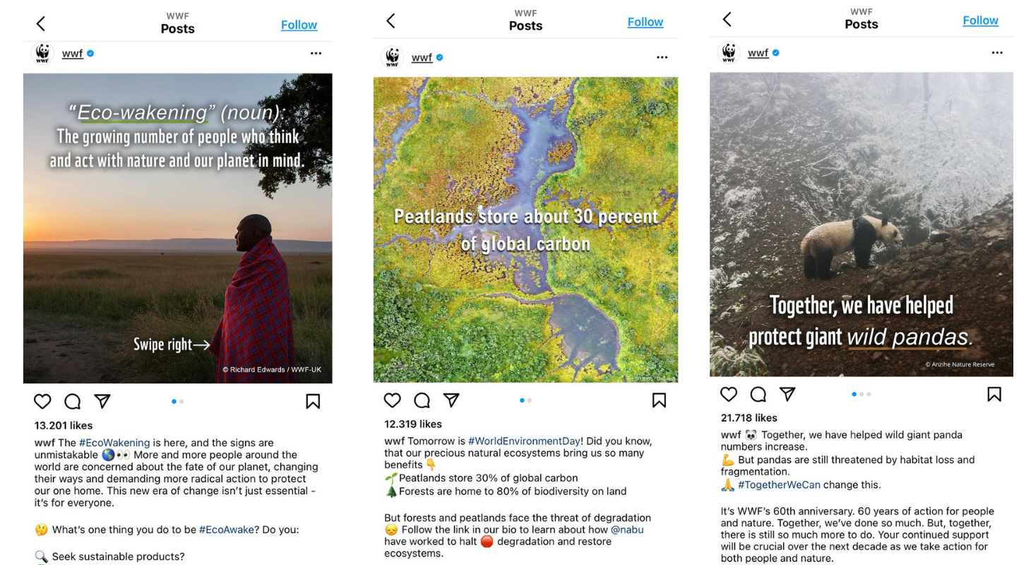 Examples of how WWF uses emojis on Instagram.