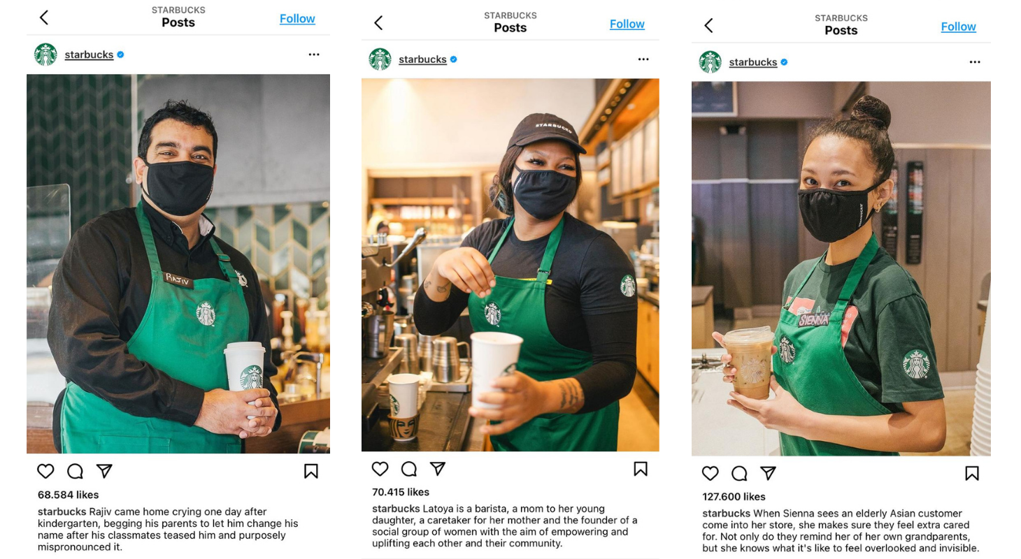 These are examples of Starbucks' employee stories shared on Instagram.