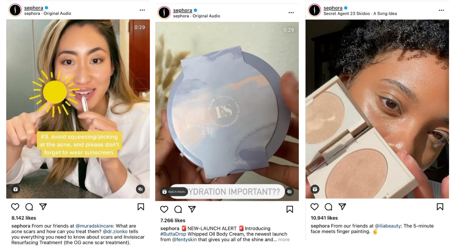 Sephora uses reels on its Instagram page.