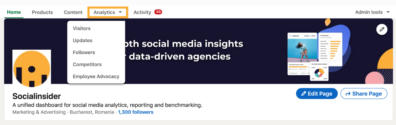 From here you can find your page's LinkedIn analytics