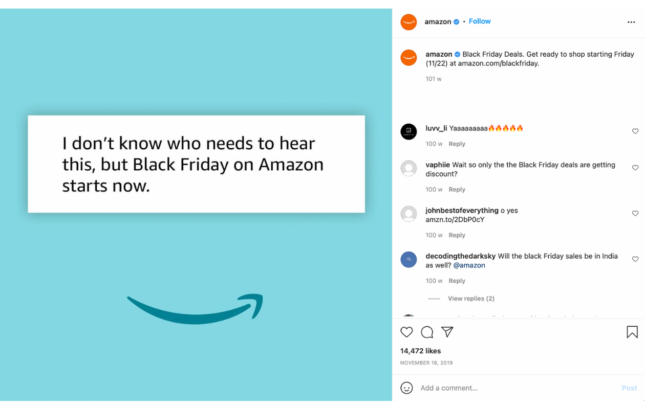 Amazon announces the Black Friday campaign on Instagram.