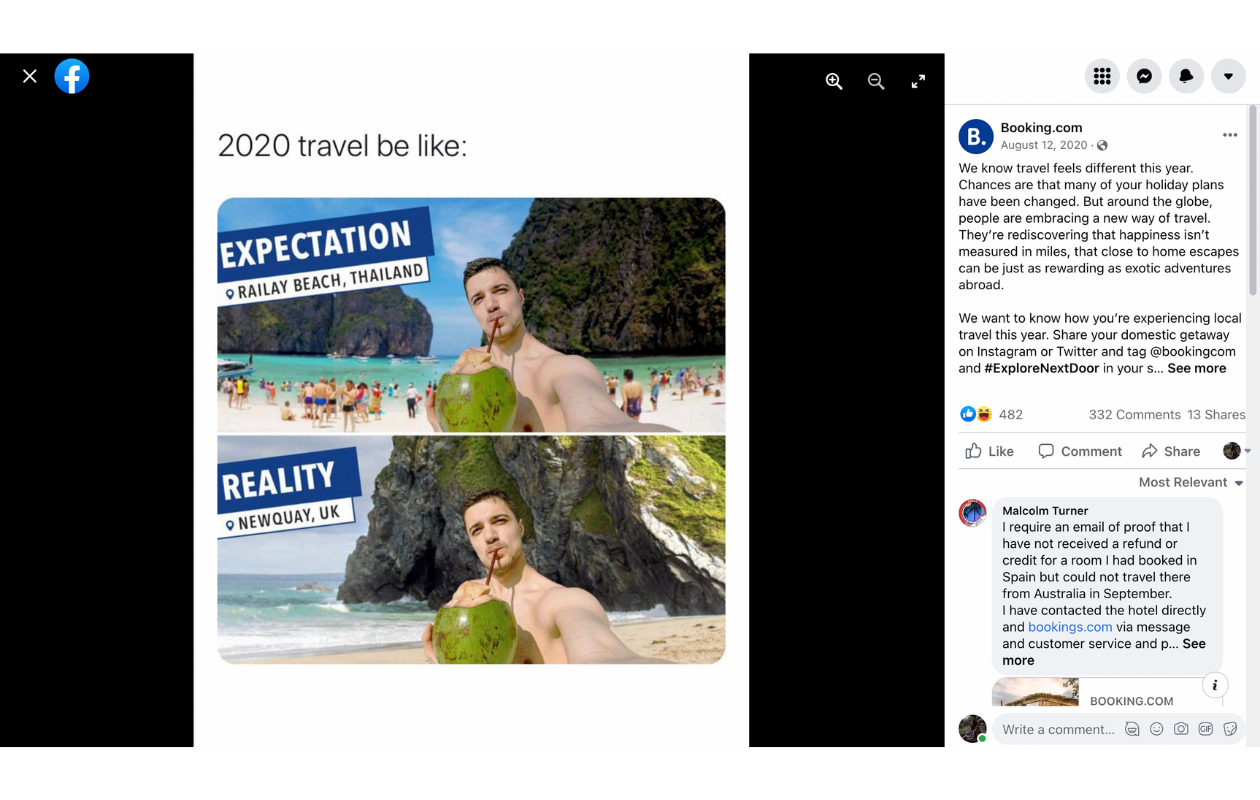 This picture shows how Booking.com uses memes in its Facebook marketing strategy.