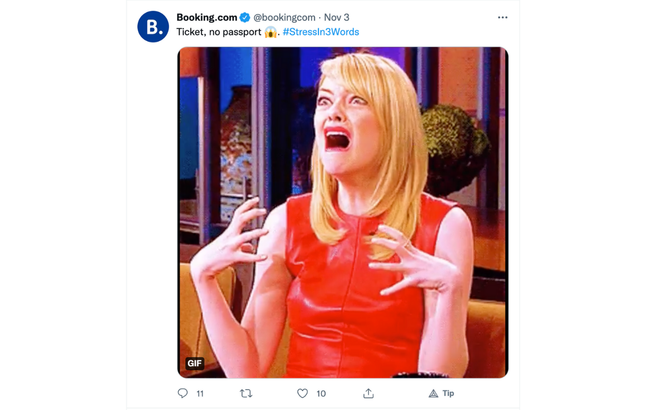 This picture shows that Booking.com uses memes on its Twitter page.