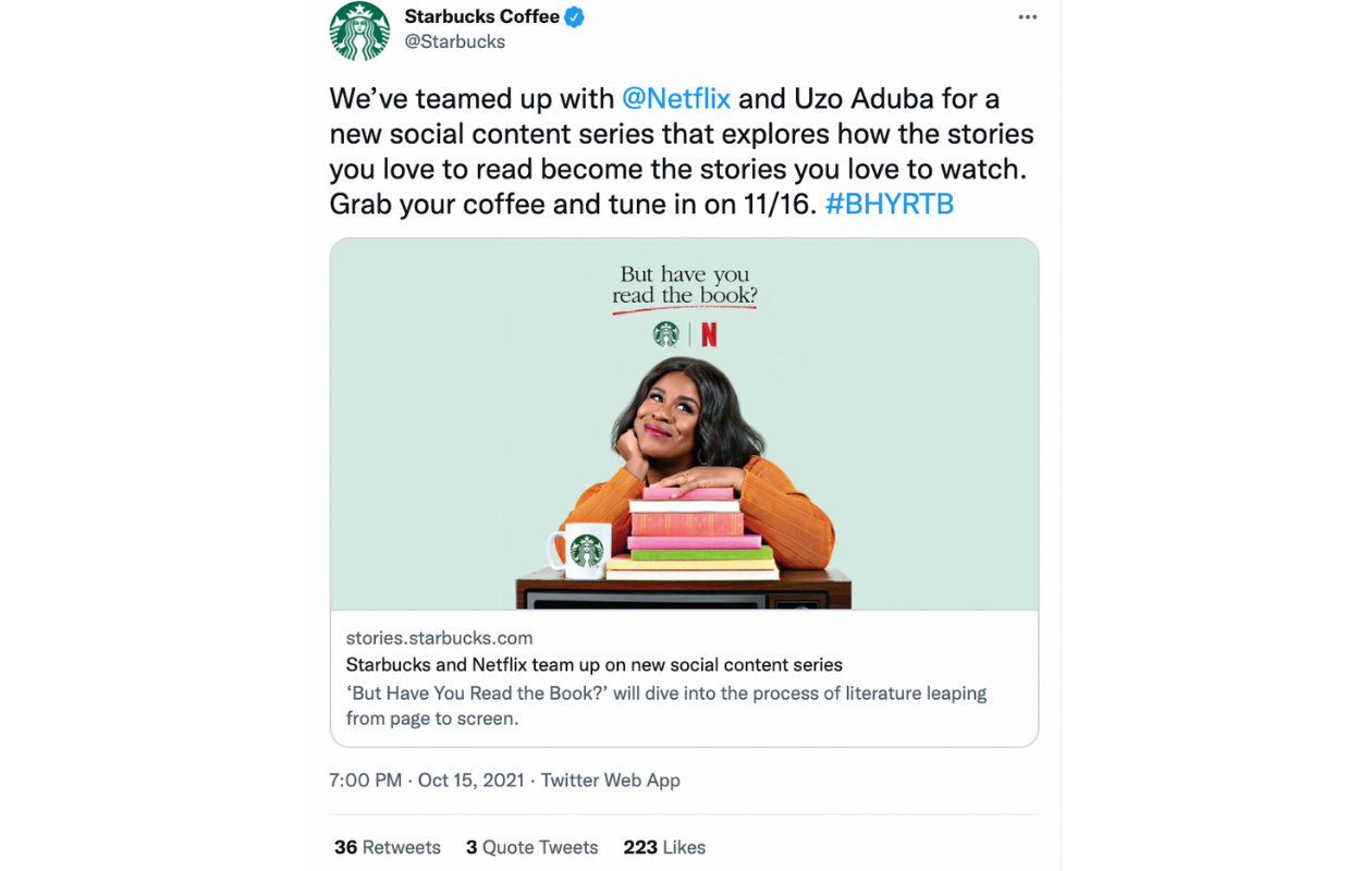 This is an example showing how Starbucks uses influencer marketing to increase Twitter followers.