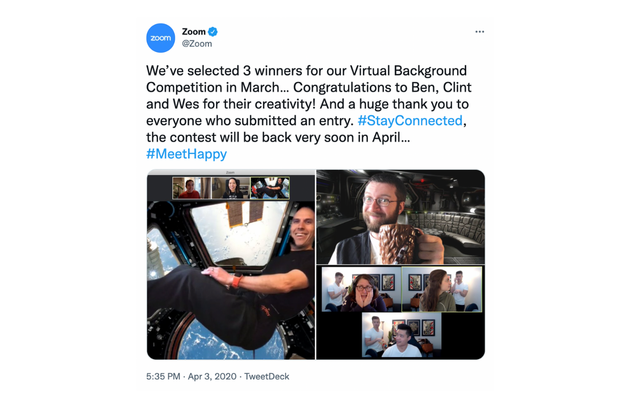 Here's an example of a tweet posted by Zoom during the Virtual Background Contest in which the brand announcted its winners.