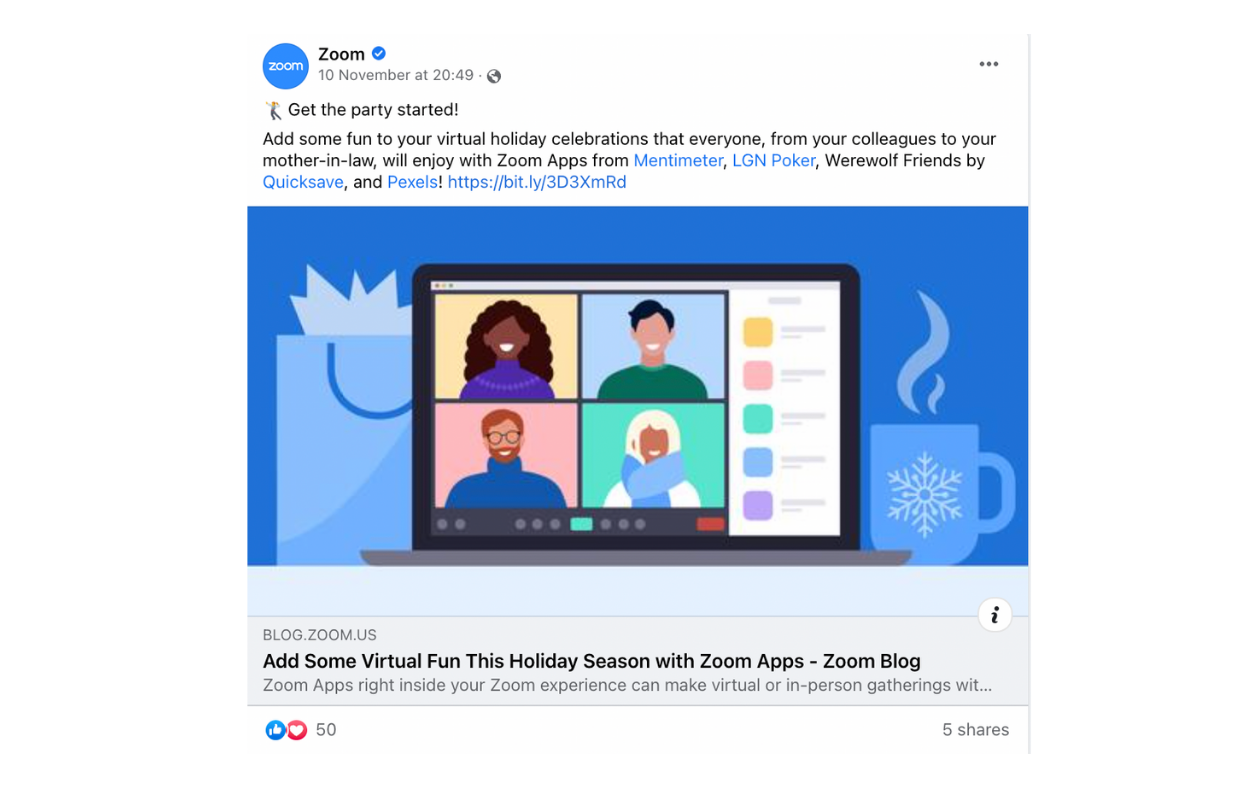 Here is an example of a thematic blog article that Zoom regularly posts on its Facebook account.