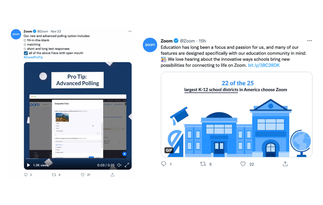 Here are some examples of Zoom's regular tweets, showing which type of content the brand usually posts on Twitter