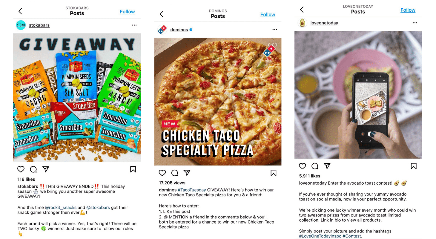 These are examples of food companies that run giveaways on Instagram.
