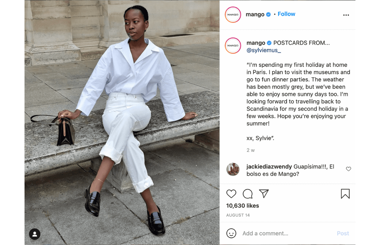 Here you can see an Instagram post example from Mango's postcards campaign