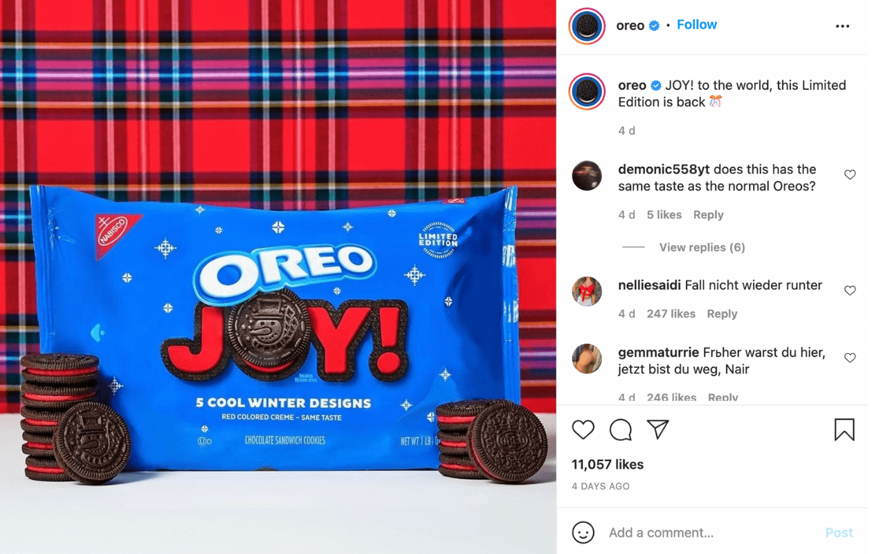 Oreo's Christmas post on Instagram.