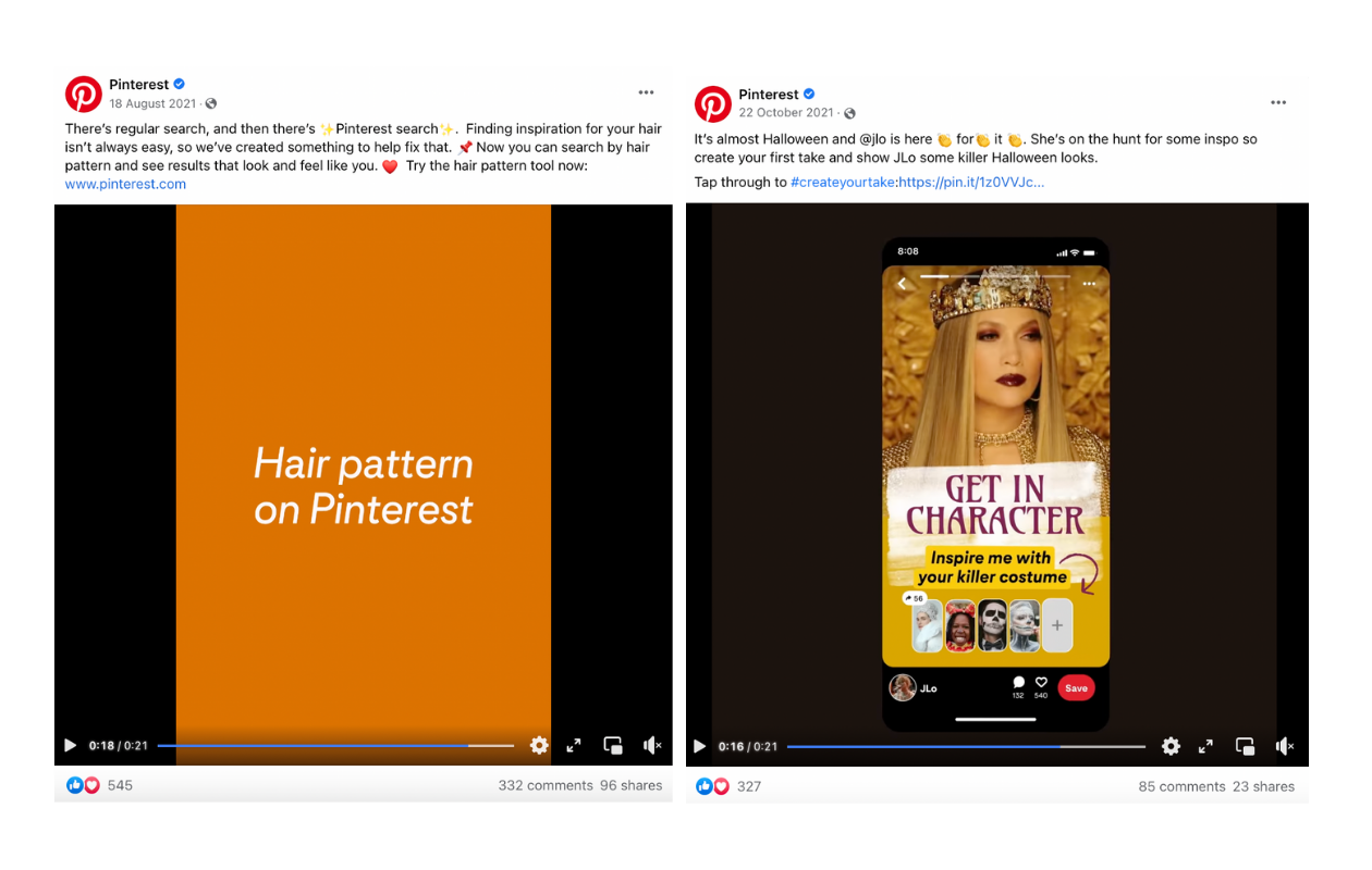 Here you can see some examples of Pinterests’ video posts on Facebook.