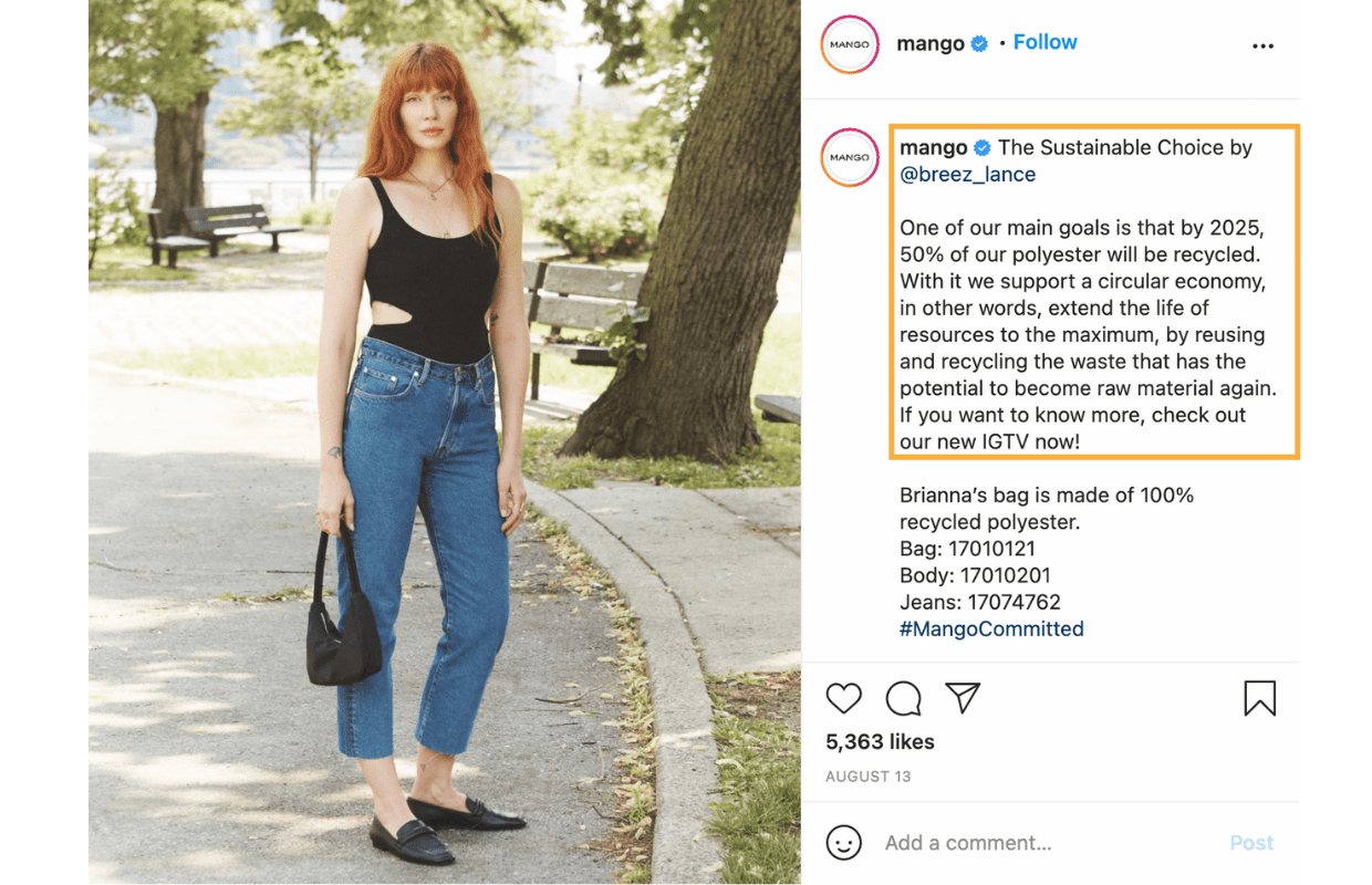 Here's an Instagram Post from Mango's social media campaign - The sustainable choice.