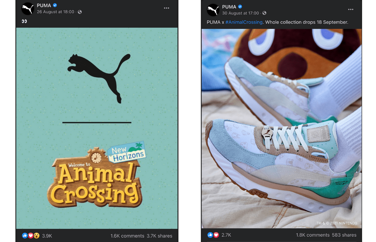 Social media posts from the PUMA and Animal Crossing new collectioncampaign.