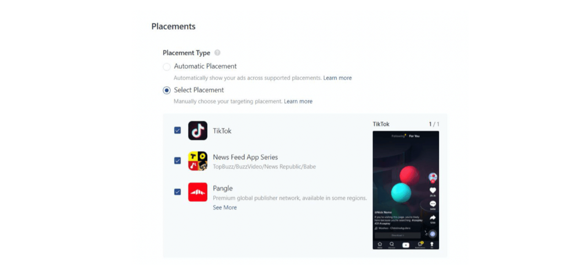 Here you can see how to set the different placements for your TikTok ads.