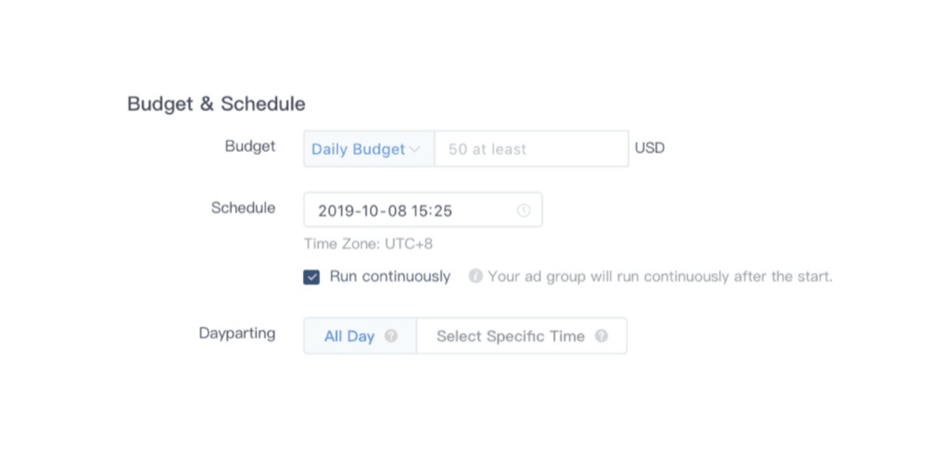 Here you can see how you can set the budgets for your TikTok ads.