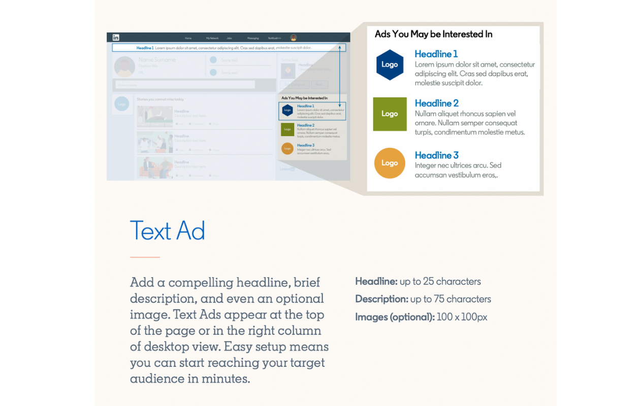 Here you can see spcs and more detailed information about LinkedIn text ads.