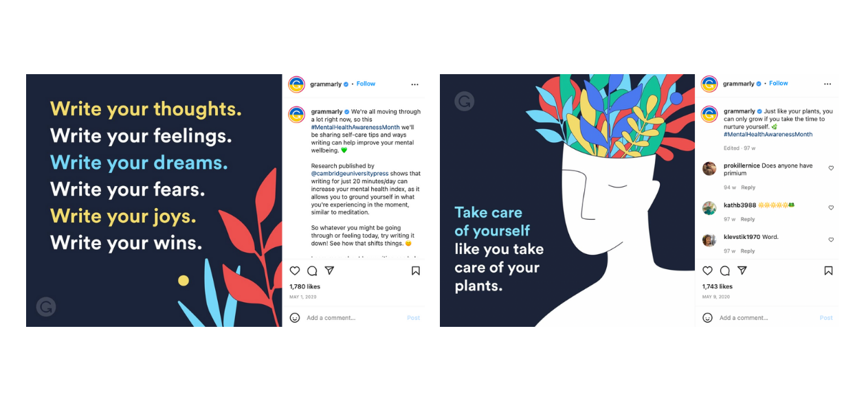 Here are two Instagrm posts related to Grammarly's social media campaign: Mental Health Awareness.