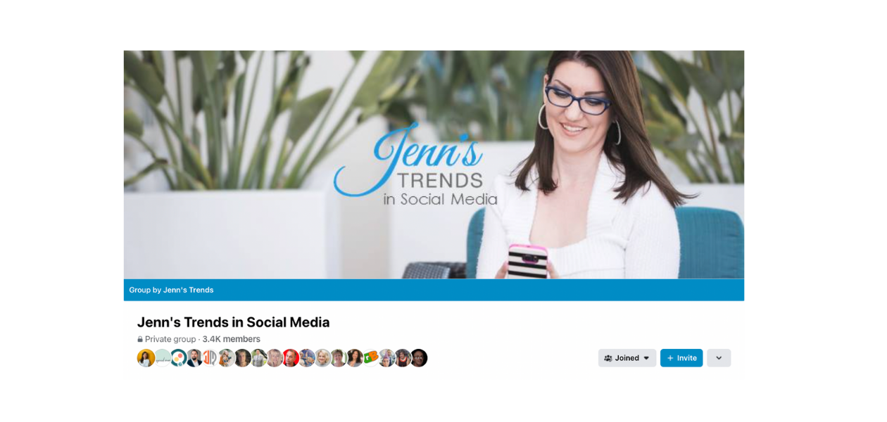 Jenn's trends in social media is an example of an engaging Facebook group related to marketing.