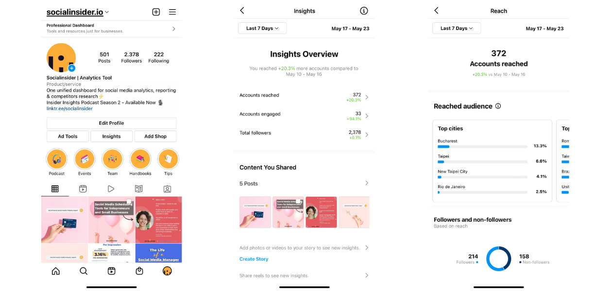 This image shows what Instagram insights you can access from the native app.