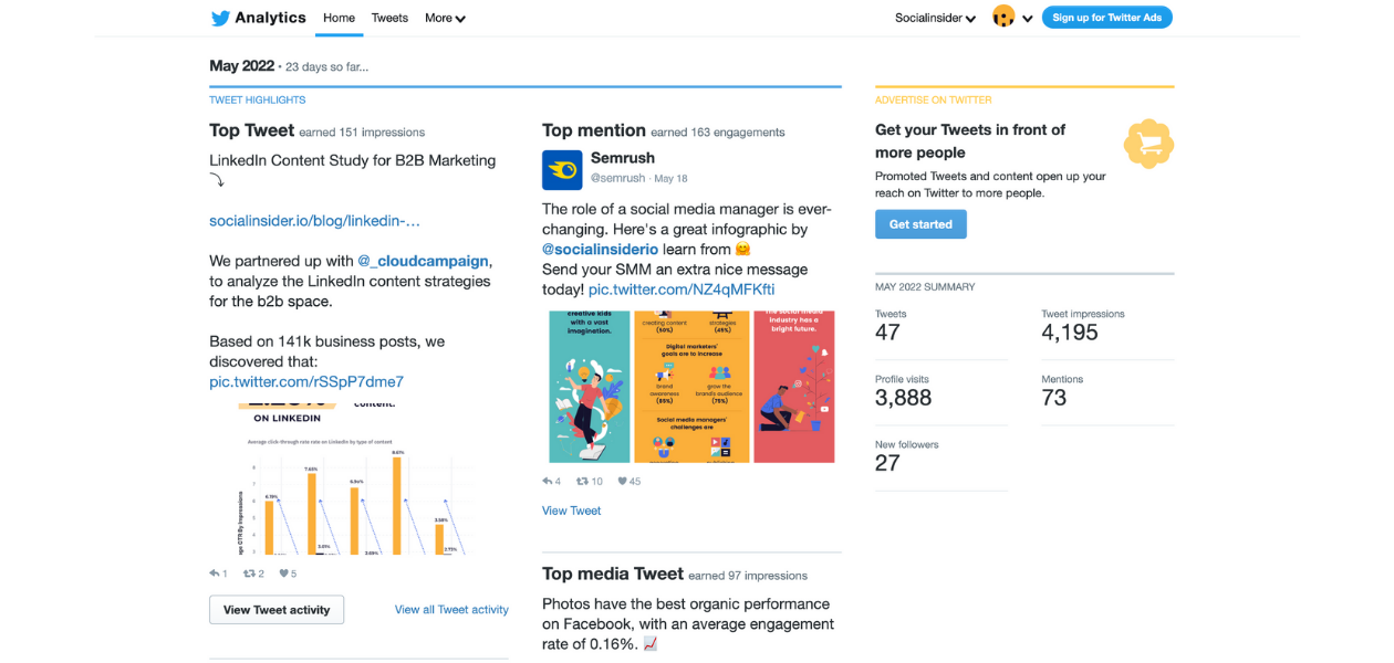 This image shows what Twitter insights you can access from the native app.