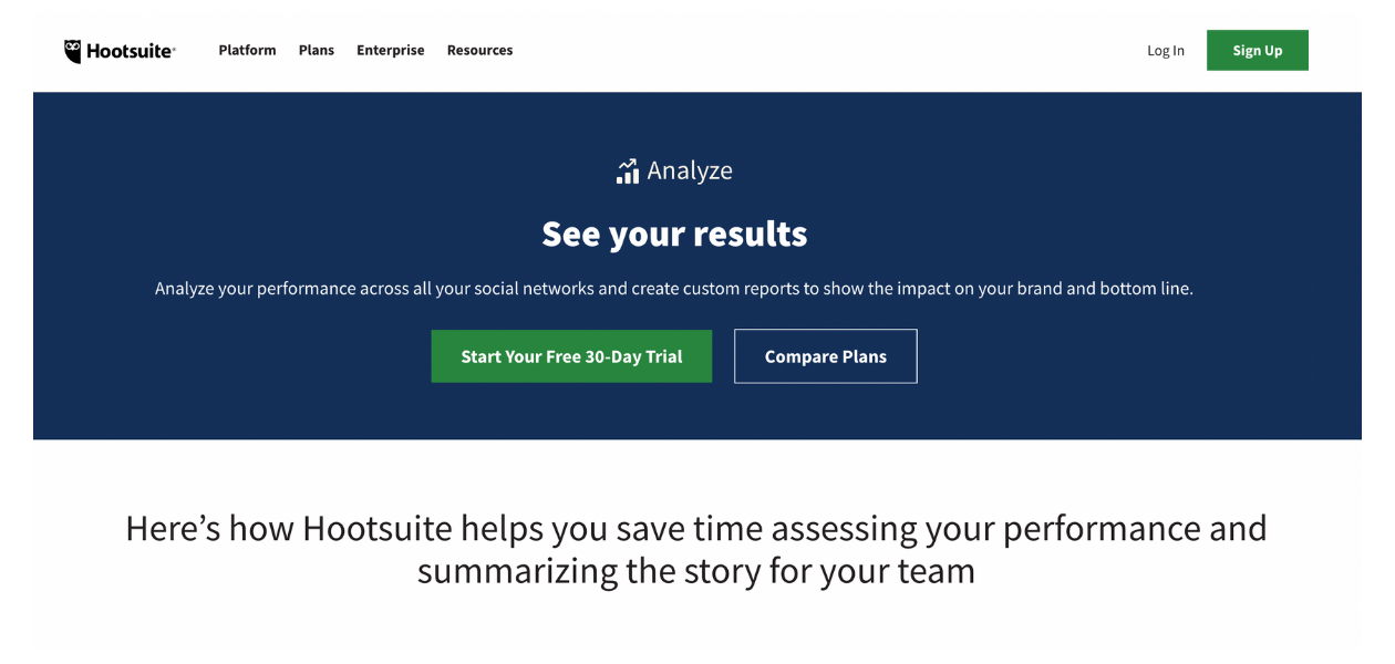 This image shows the website of Hootsuite's analytics tool.
