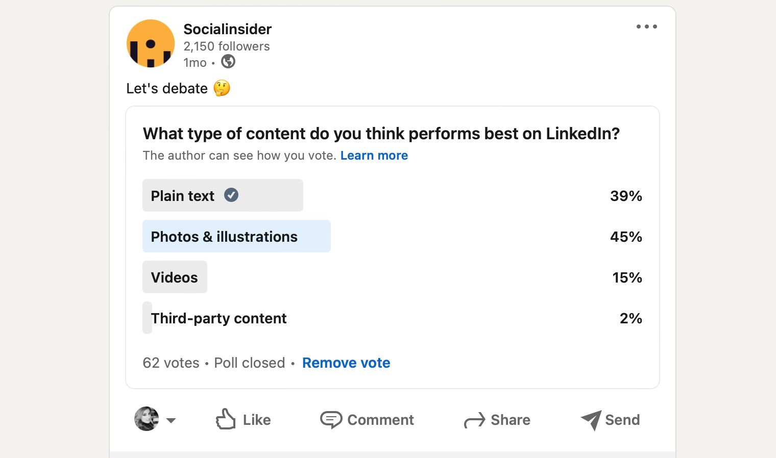 This is an example of why polls are a great LinkedIn post idea for engagement.