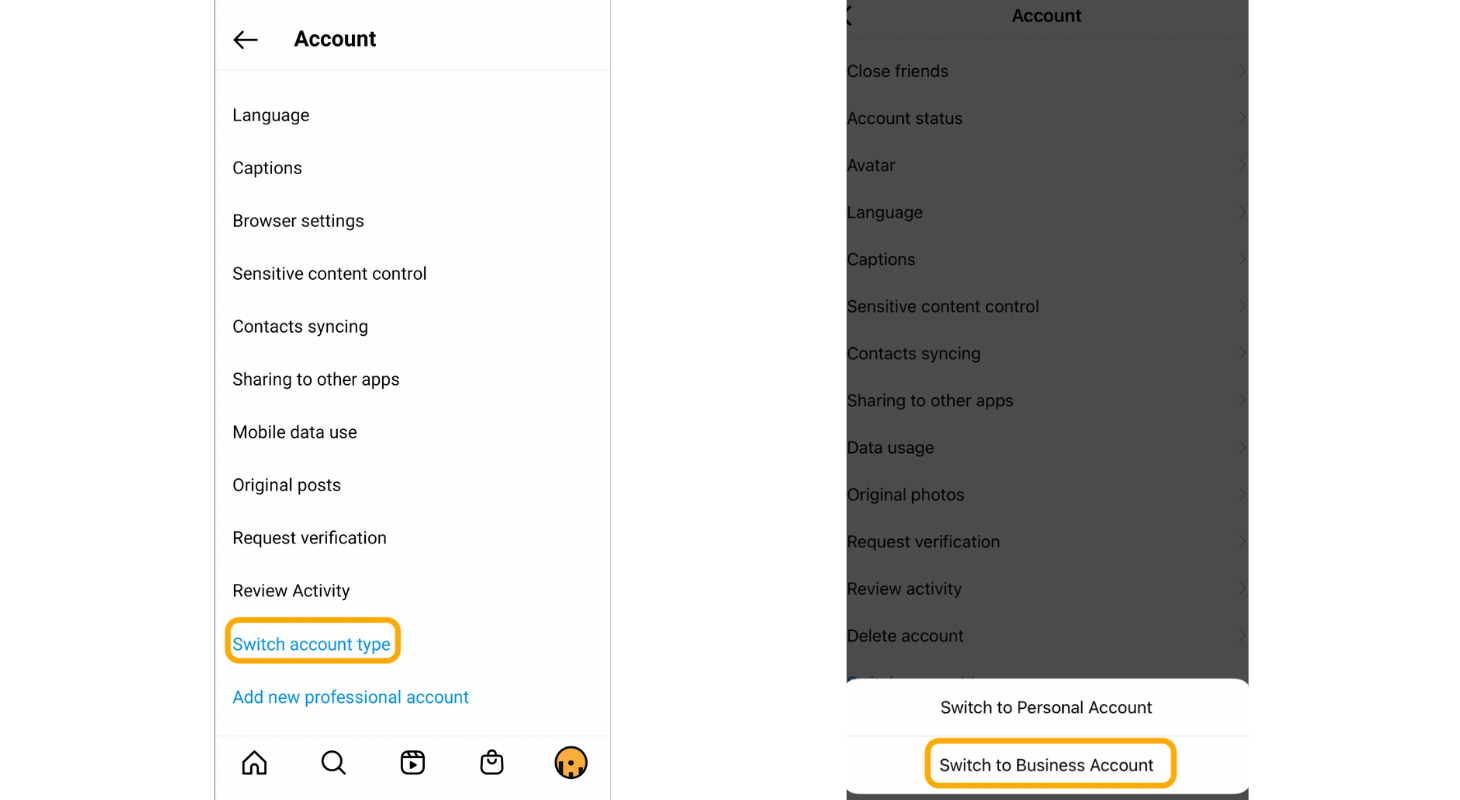 This is a screenshot of instagram account type switch to business