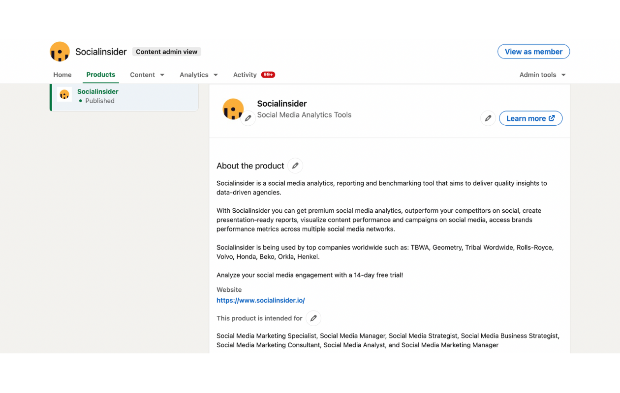This is how the product page looks like on LinkedIn