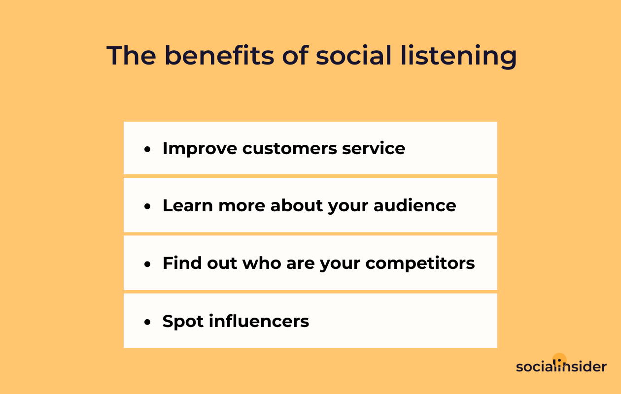 This is a picture with a table containing the benfits of social listening