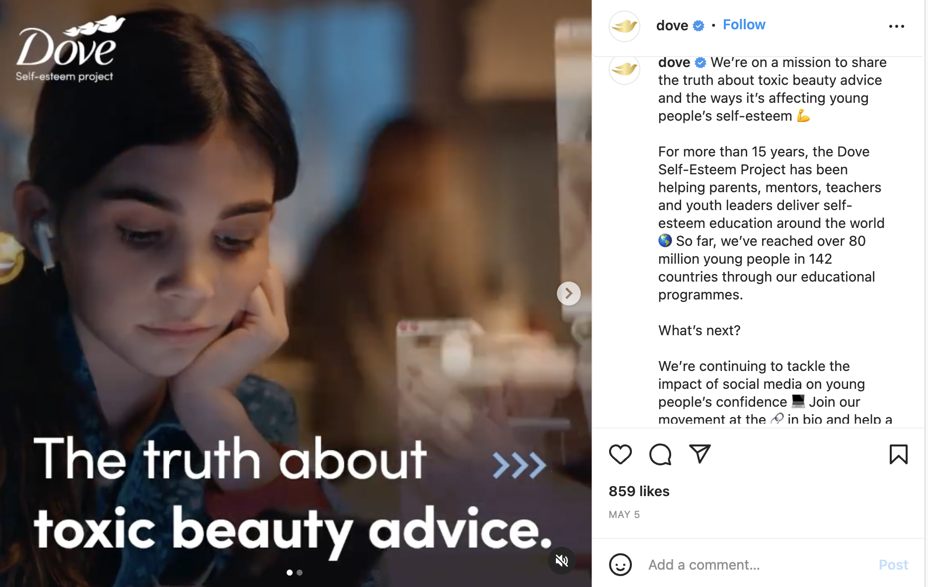 A screenshot from a dove post with a little girl scrolling on social media