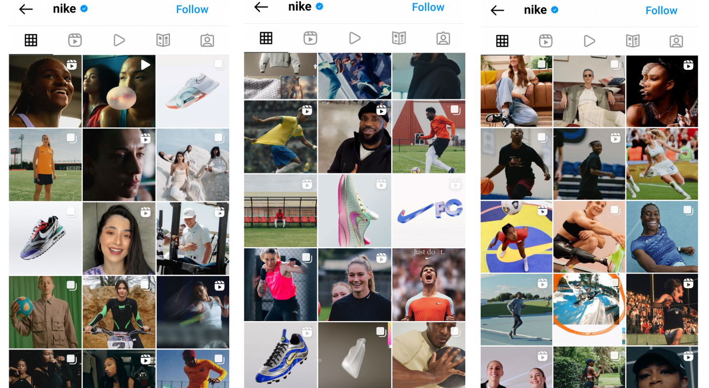 This is a collage of 3 screenshots including nike posts on their feed