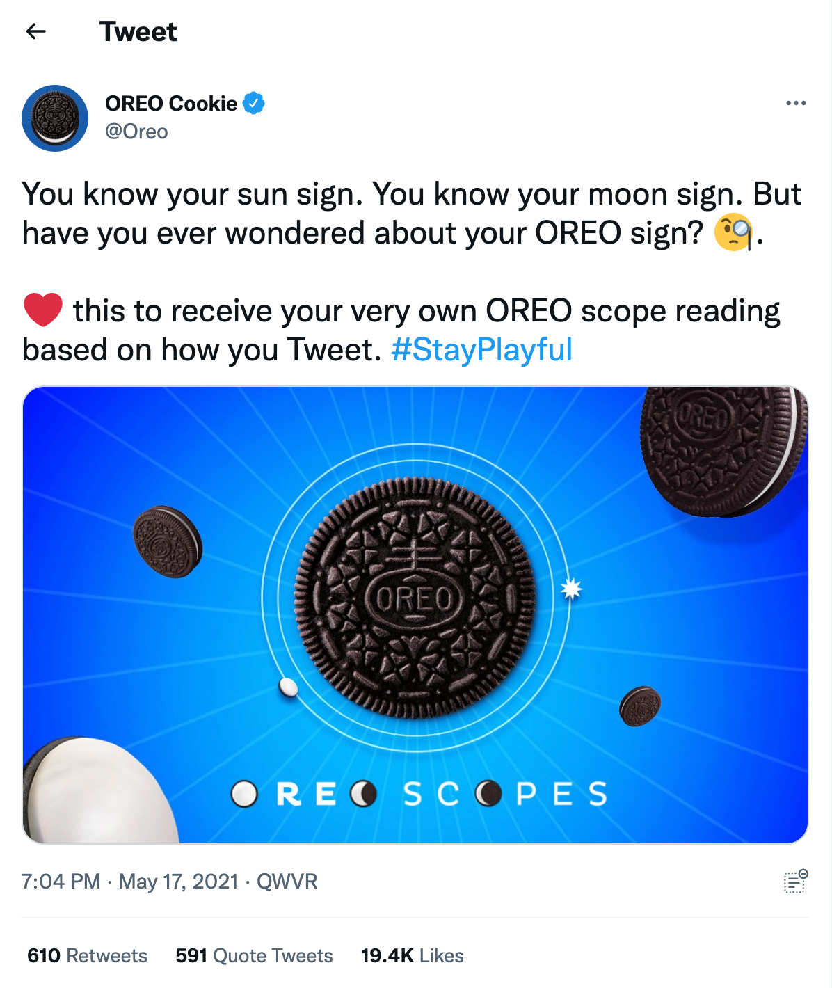 A tweet about oreo's campaign named oreoscope