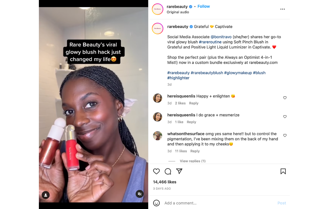 This is a screenshot of a user-generated content example from rare beauty