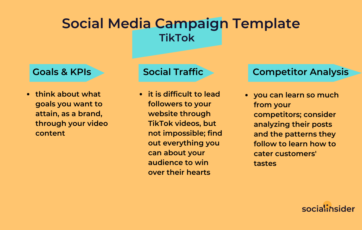 A scheme with a social media campaign template for tiktok including goals, traffic and competitors