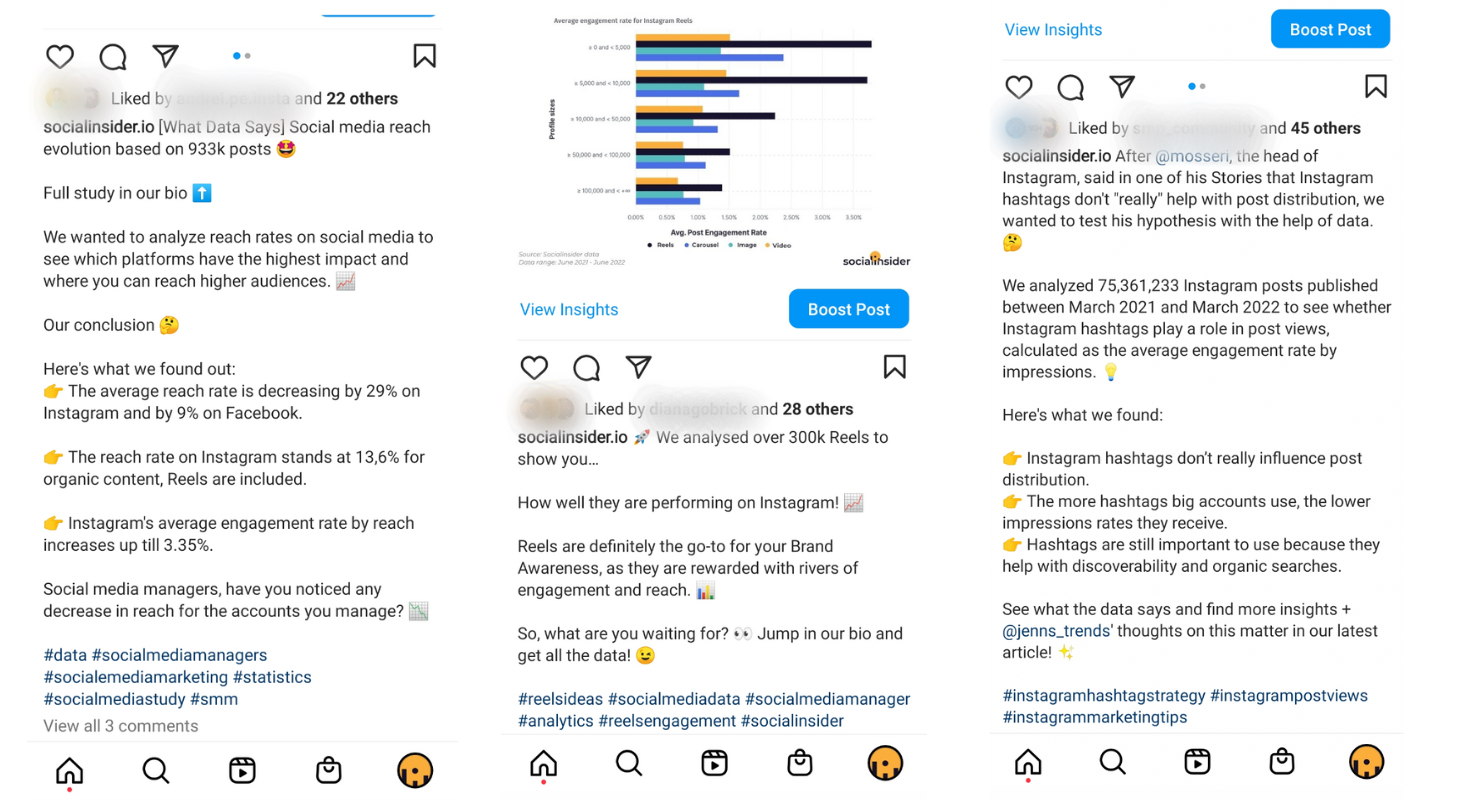 A collage of 3 screenshots from socialinsider instagram showing hashtags
