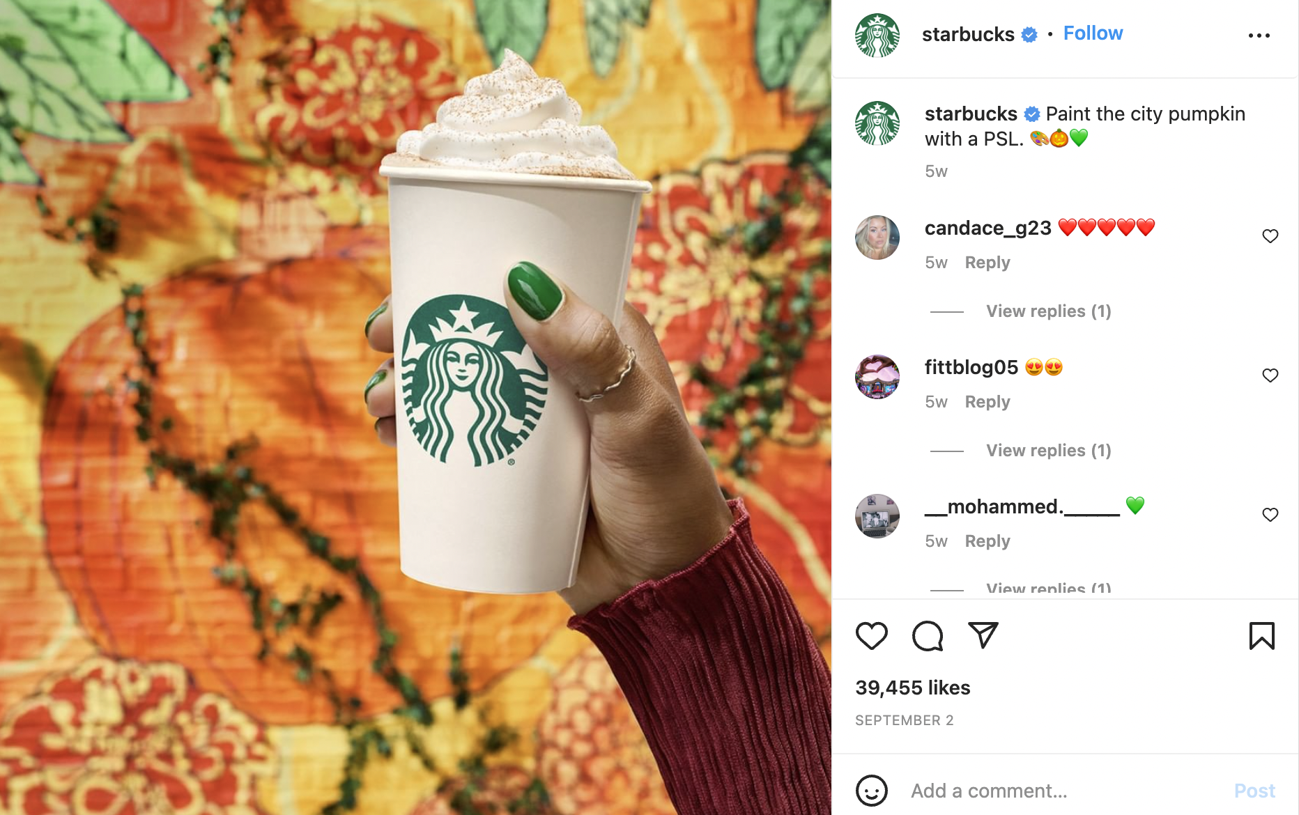 A screenshot with a starbucks post on instagram depicting a PSL