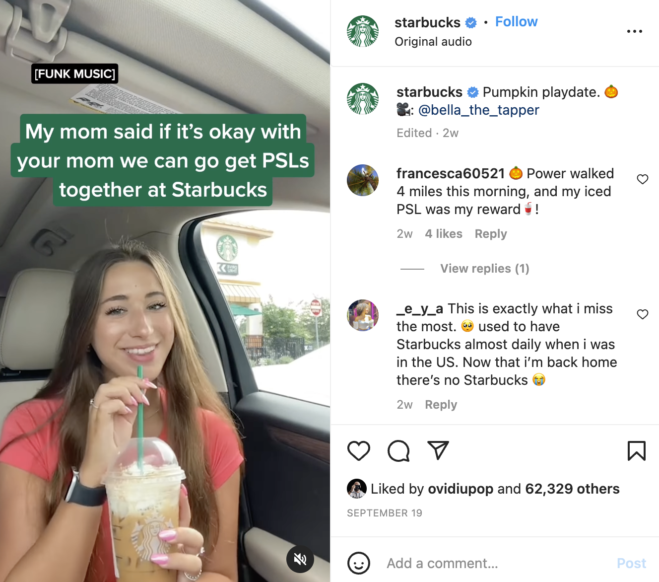 This is a screenshot of a starbucks post with a girl drinking a starbucks bevarage