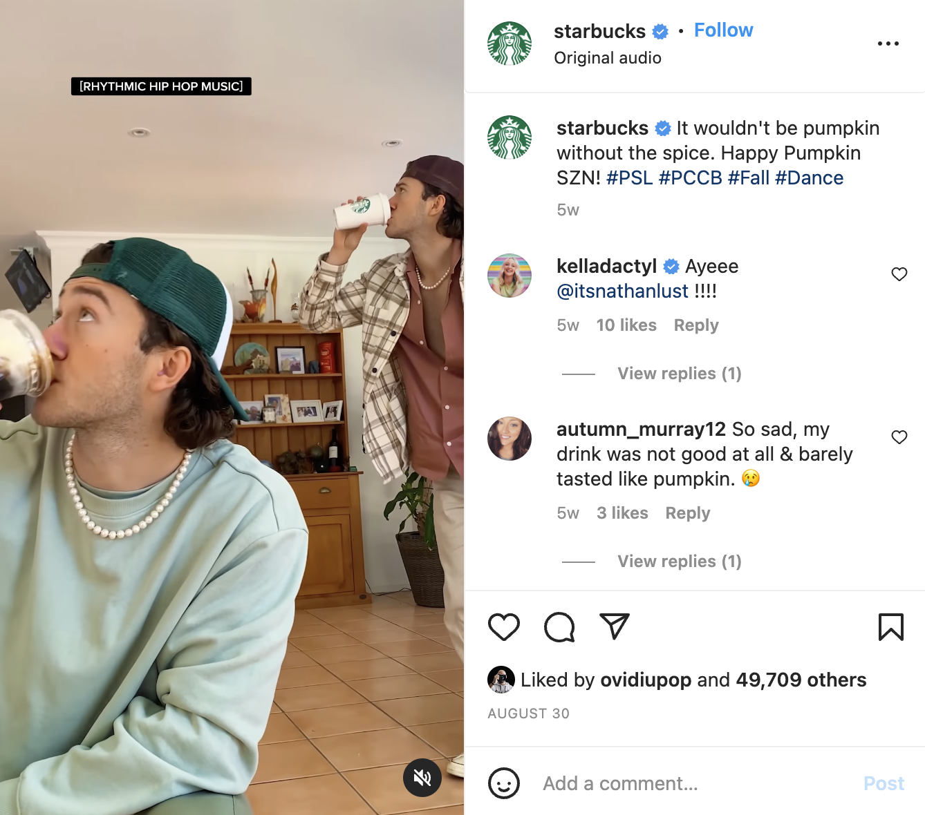 A screenshot of a starbucks' instagram post with a guy making a video while drinking starbucks