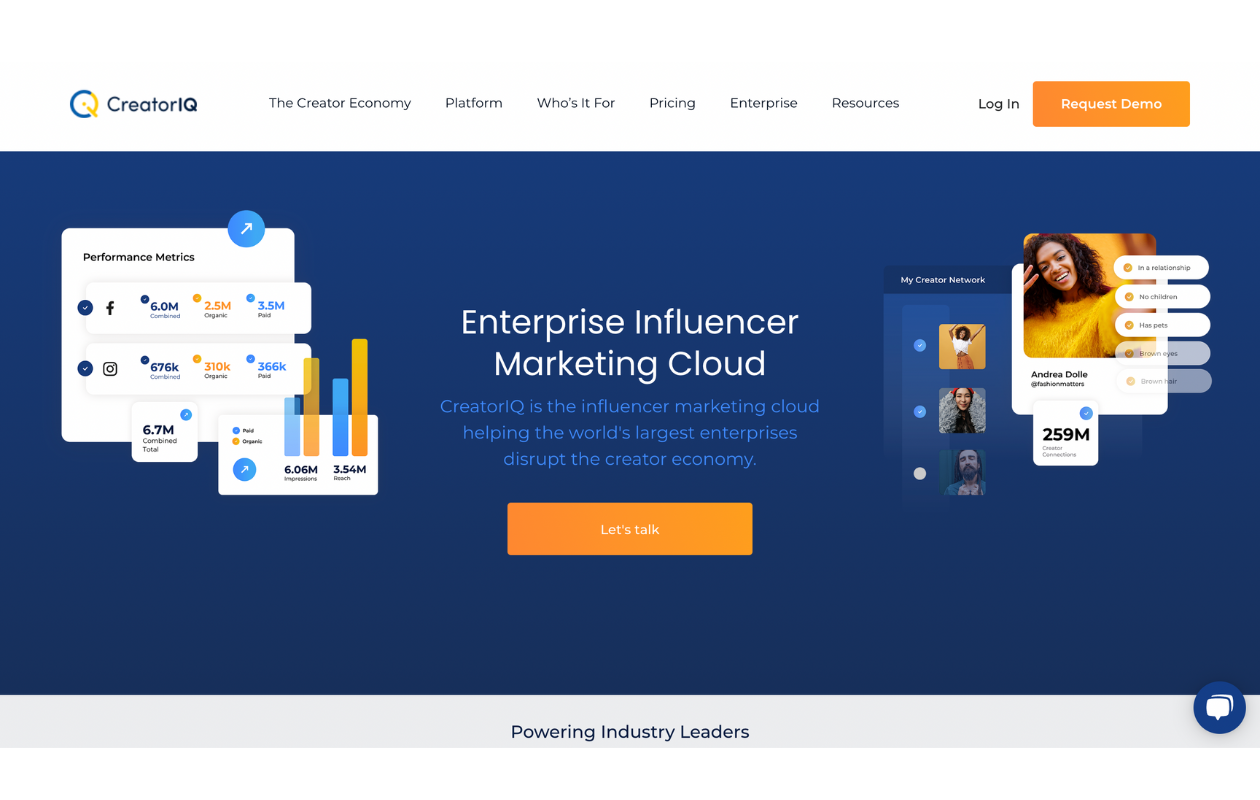A screenshot with main page of creatoriq as an influencer marketing tool